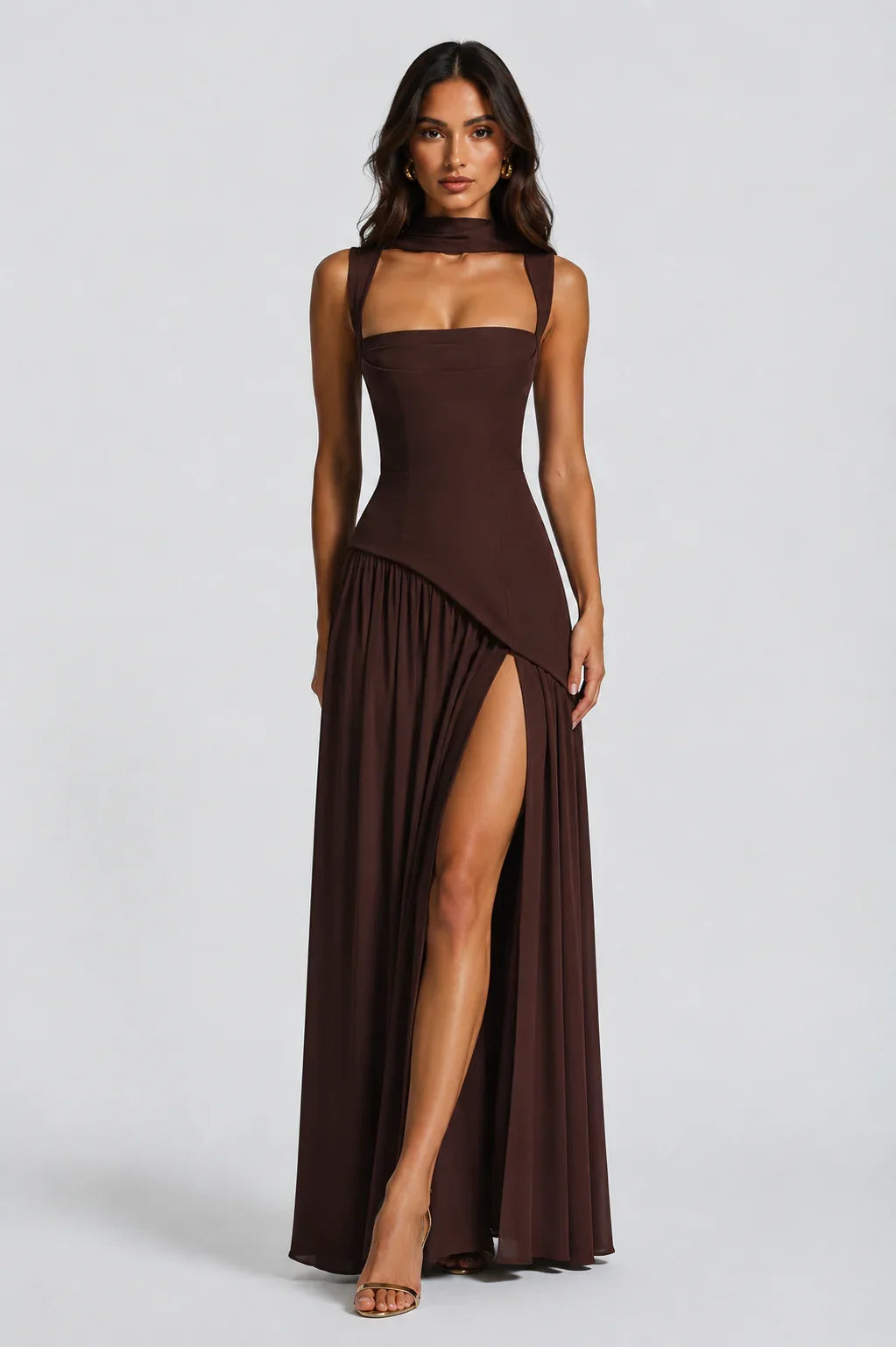 Adriana | Wedding Guest Dress Maxi Dress Women Halter Neck Square Neck Side Slit Draped