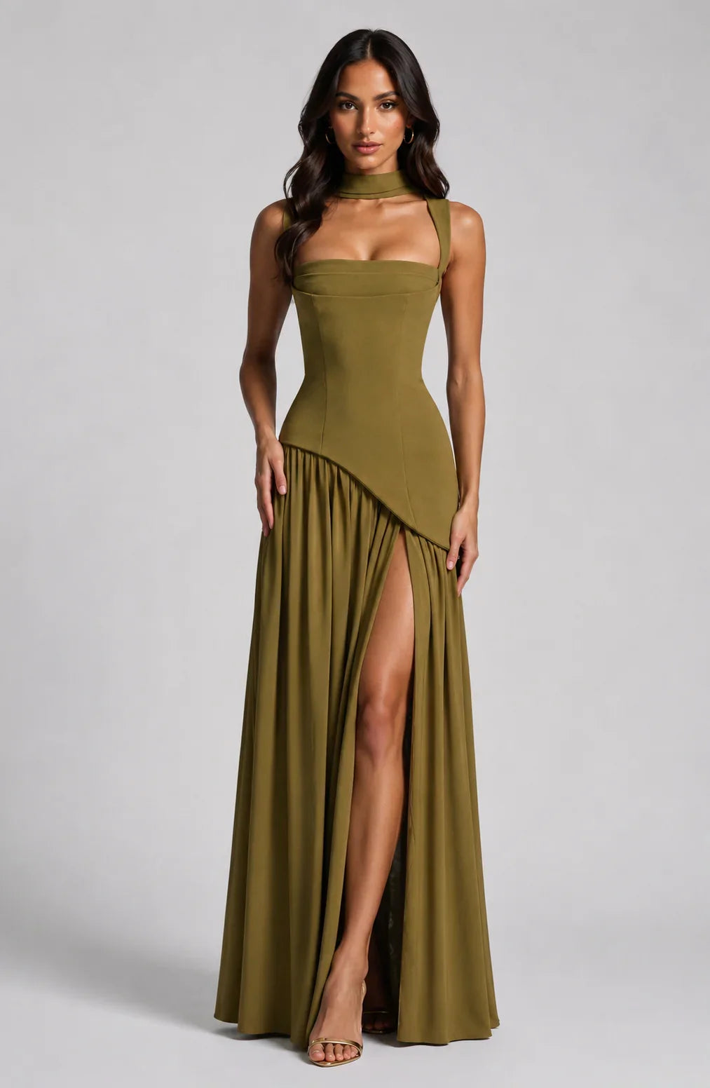 Adriana | Wedding Guest Dress Maxi Dress Women Halter Neck Square Neck Side Slit Draped