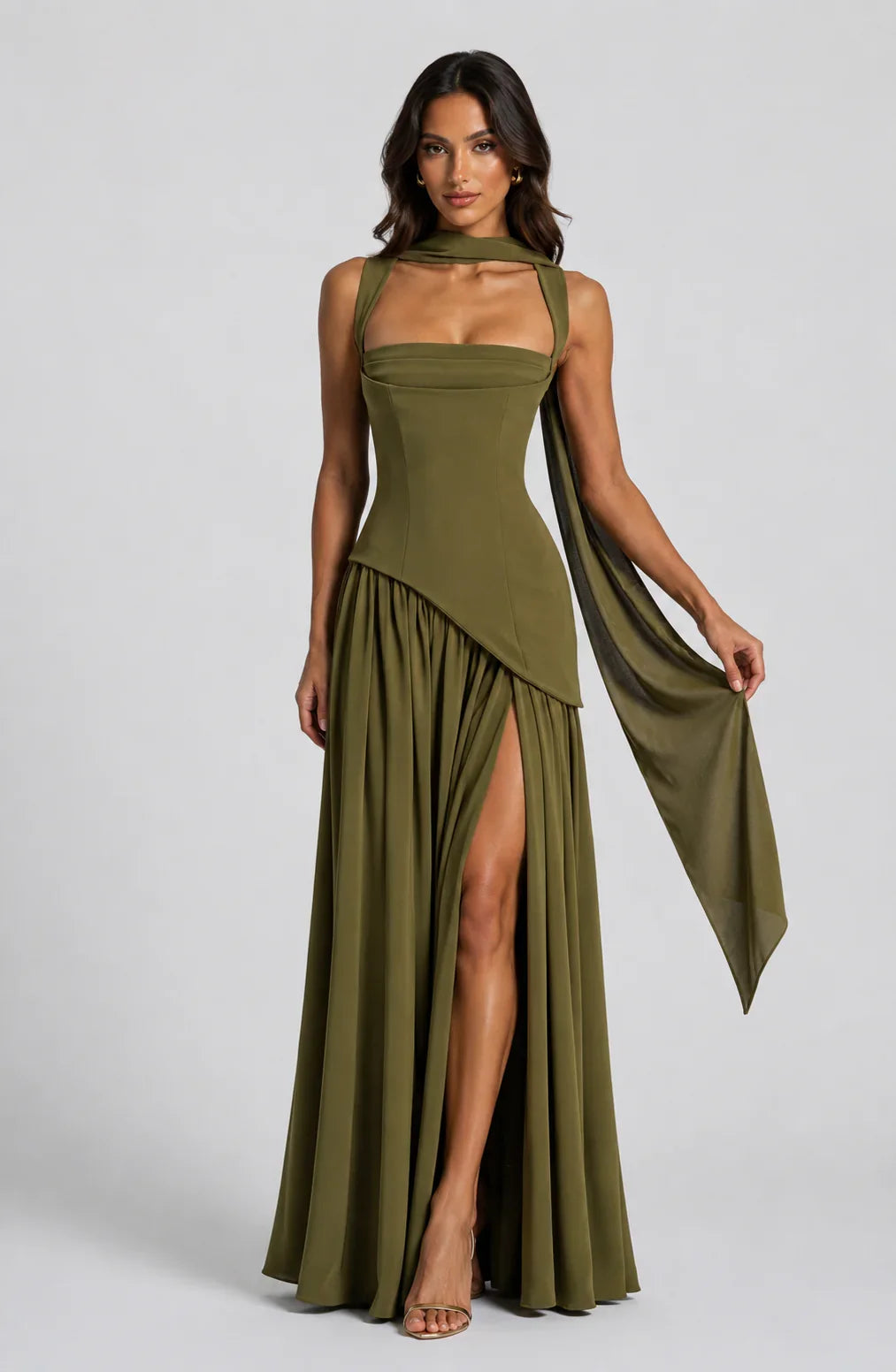 Adriana | Wedding Guest Dress Maxi Dress Women Halter Neck Square Neck Side Slit Draped