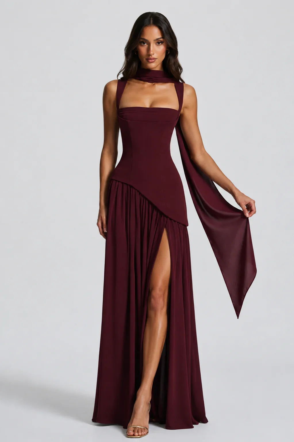 Adriana | Wedding Guest Dress Maxi Dress Women Halter Neck Square Neck Side Slit Draped