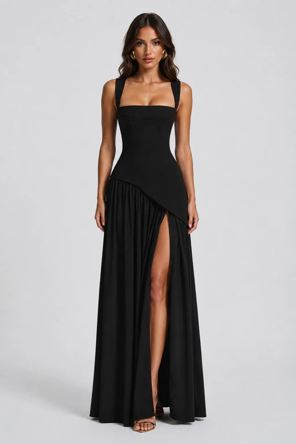 Adriana | Wedding Guest Dress Maxi Dress Women Halter Neck Square Neck Side Slit Draped