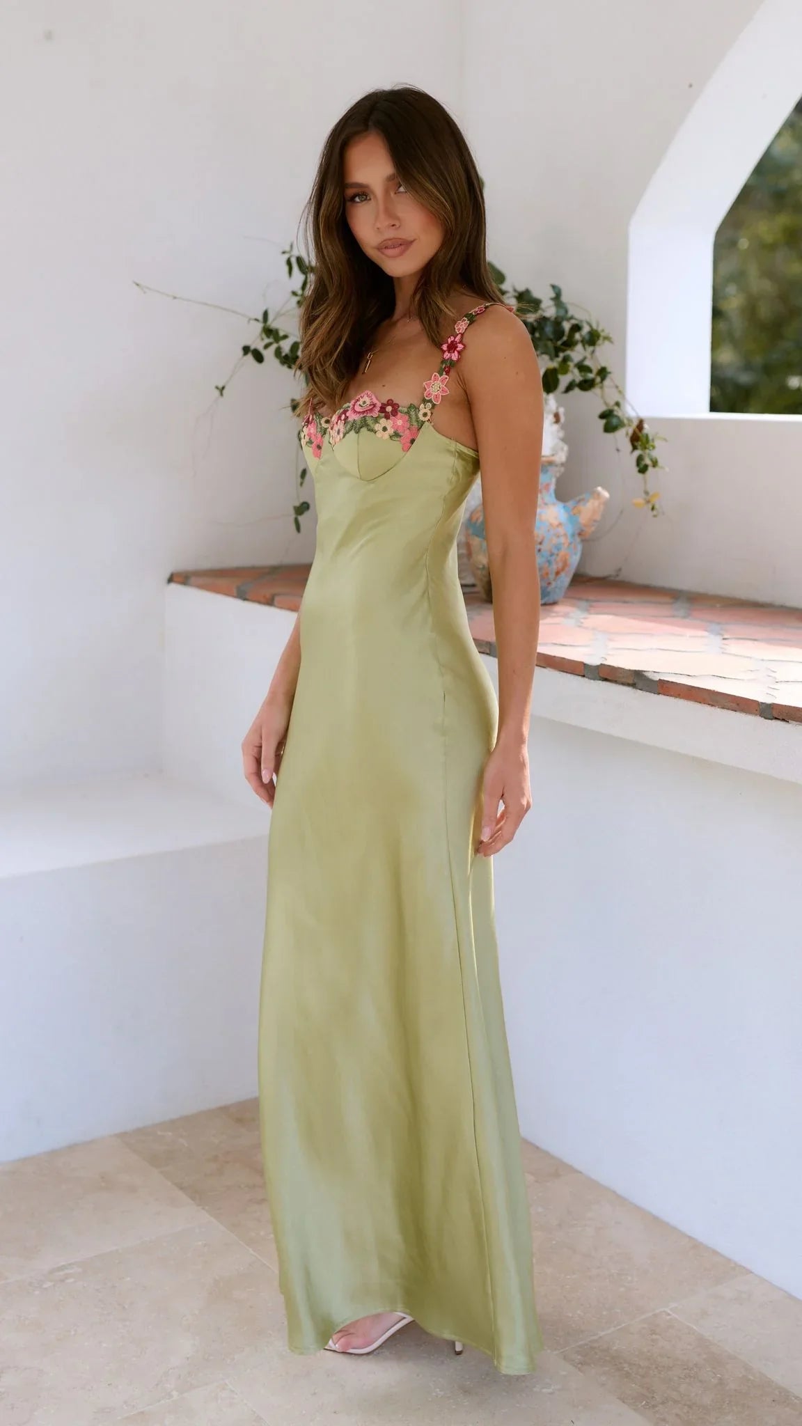 Daphne | Wedding Guest Dress Cocktail Maxi Floral Spaghetti Strap Embroidered Floor Length Sleeveless Formal