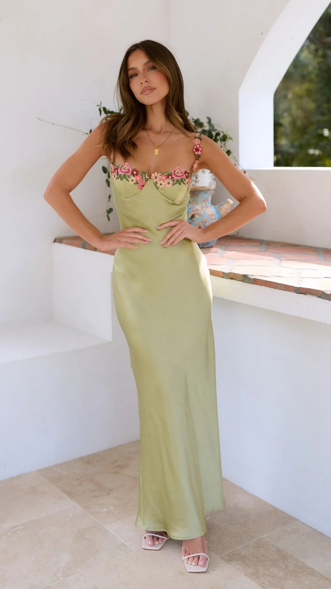 Daphne | Wedding Guest Dress Cocktail Maxi Floral Spaghetti Strap Embroidered Floor Length Sleeveless Formal