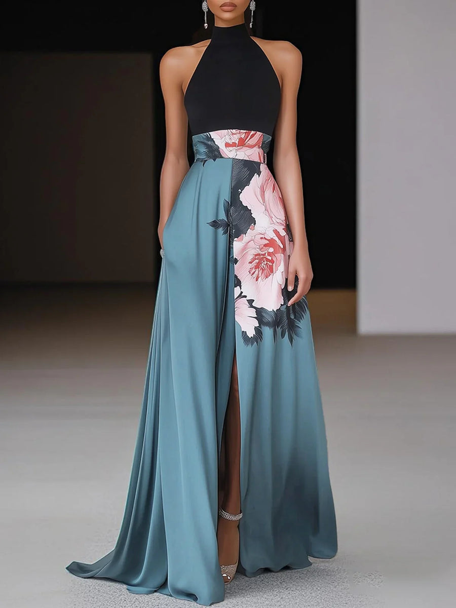 Briana | Wedding Guest Dress Cocktail Formal Maxi Floral Halter Neck A-Line Sleeveless Thigh Slit