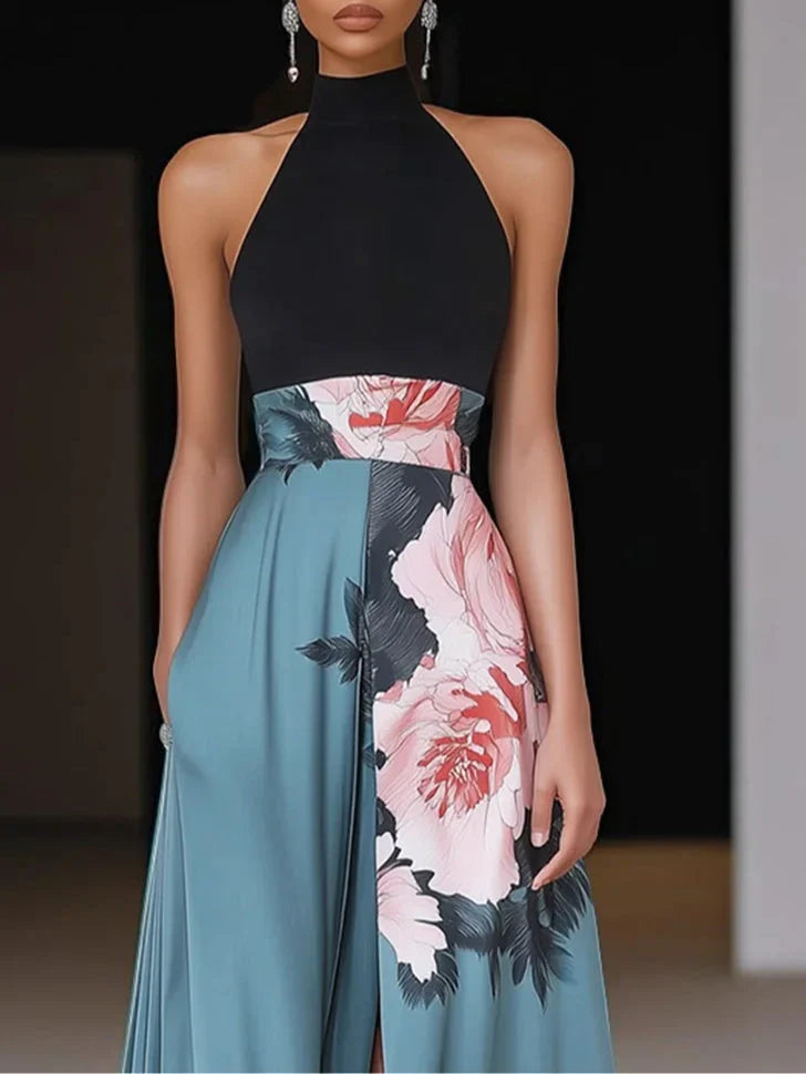 Briana | Wedding Guest Dress Cocktail Formal Maxi Floral Halter Neck A-Line Sleeveless Thigh Slit
