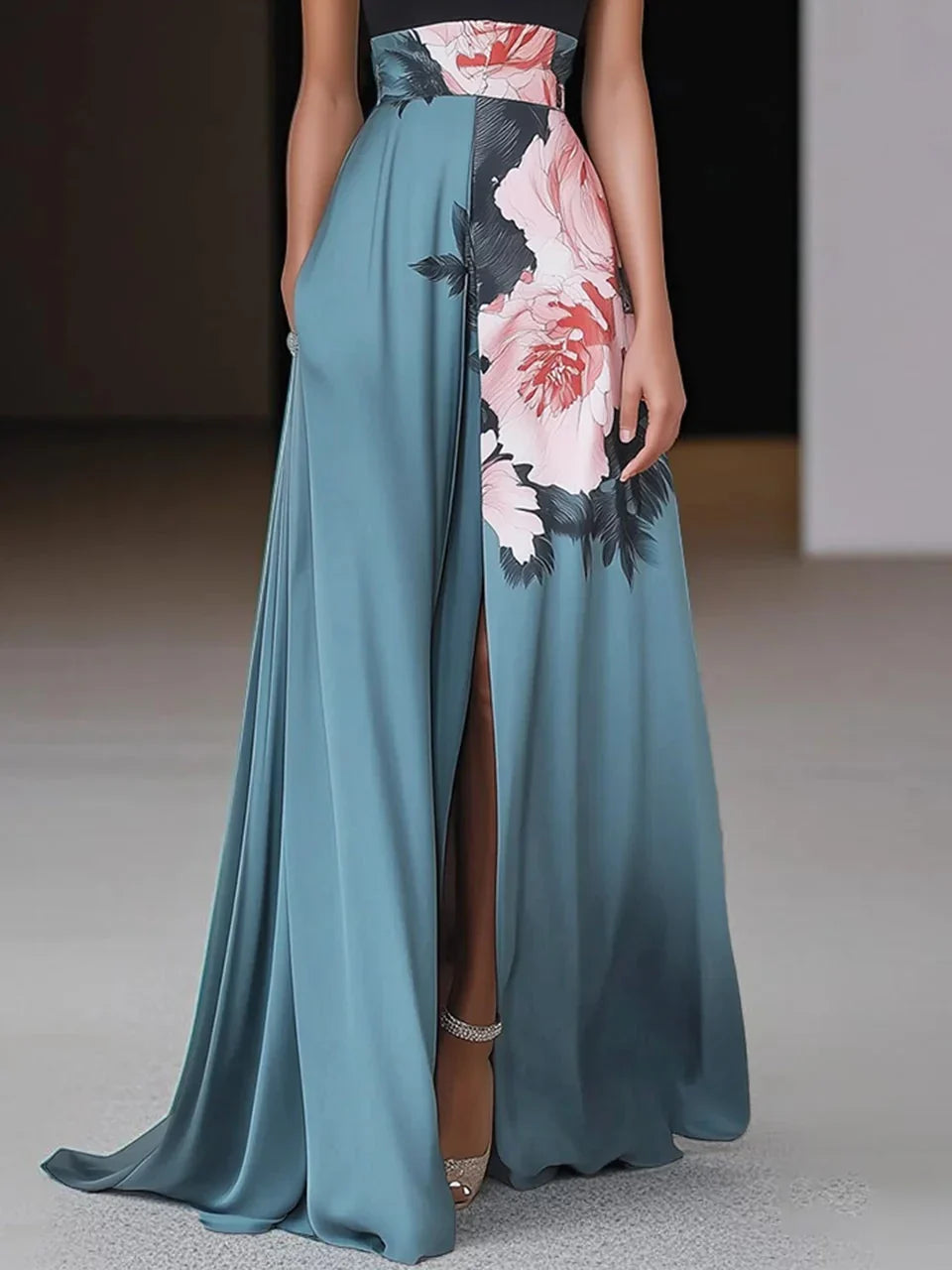 Briana | Wedding Guest Dress Cocktail Formal Maxi Floral Halter Neck A-Line Sleeveless Thigh Slit