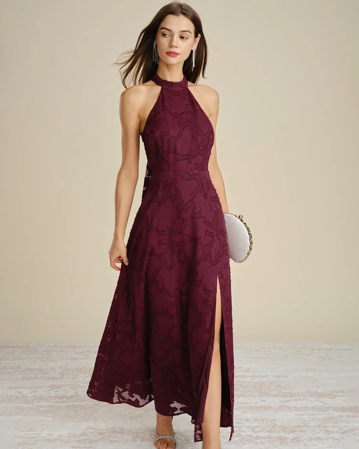 Ximena | Wedding Guest Dress Cocktail Maxi Jacquard Floral Halter Neck Sleeveless Side Slit Formal