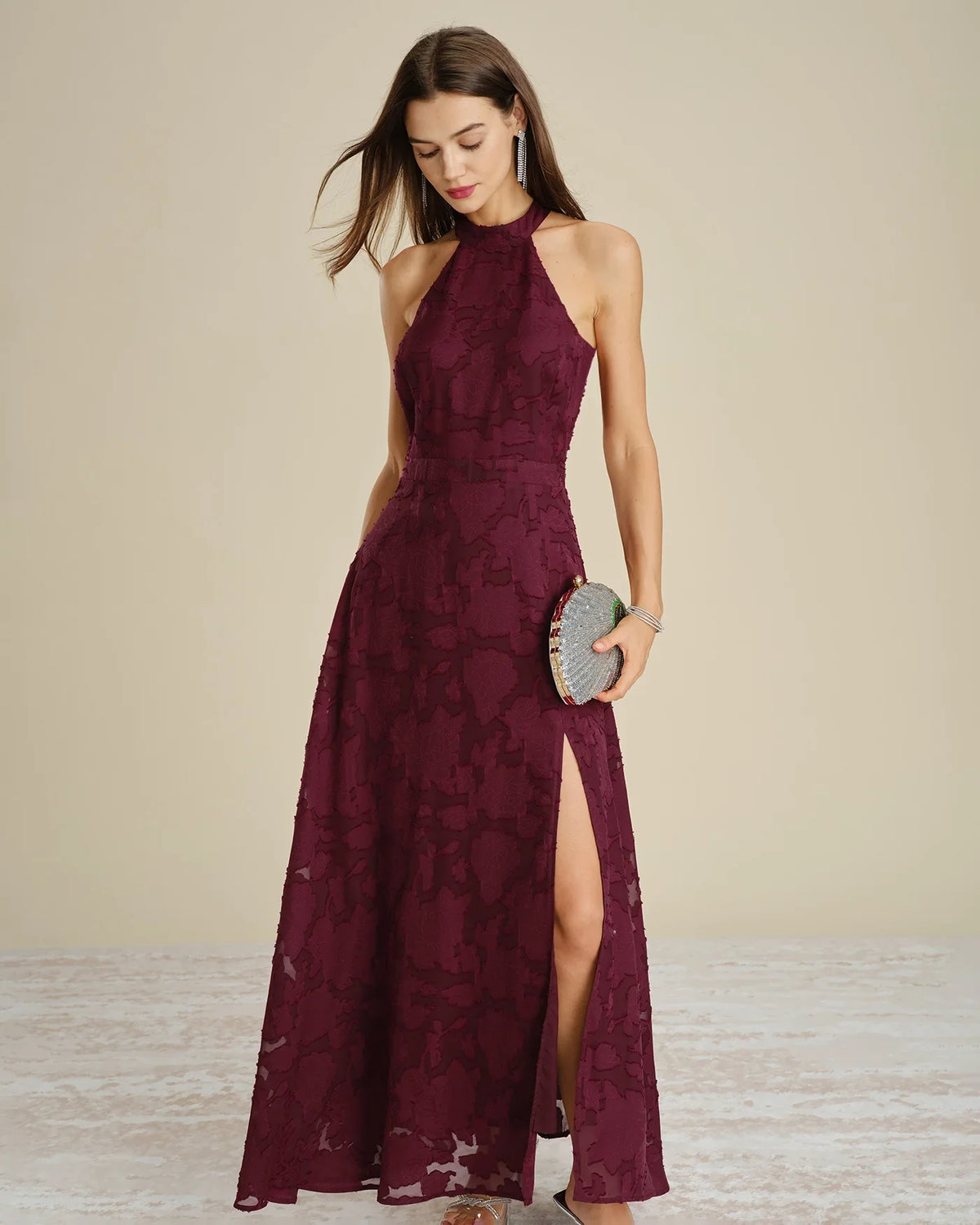 Ximena | Wedding Guest Dress Cocktail Maxi Jacquard Floral Halter Neck Sleeveless Side Slit Formal
