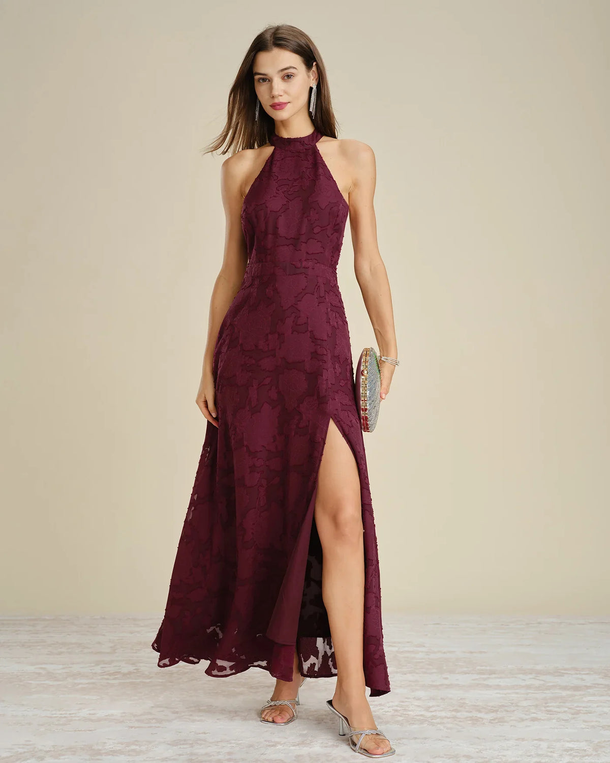 Ximena | Wedding Guest Dress Cocktail Maxi Jacquard Floral Halter Neck Sleeveless Side Slit Formal