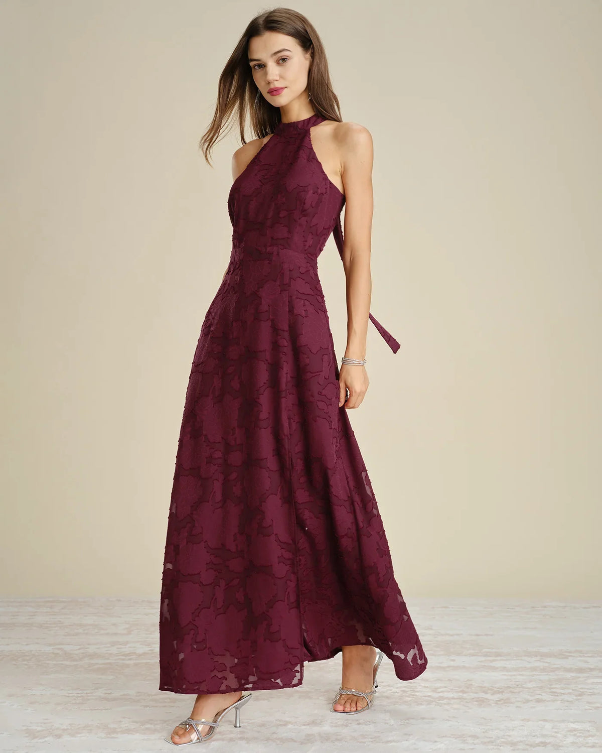 Ximena | Wedding Guest Dress Cocktail Maxi Jacquard Floral Halter Neck Sleeveless Side Slit Formal