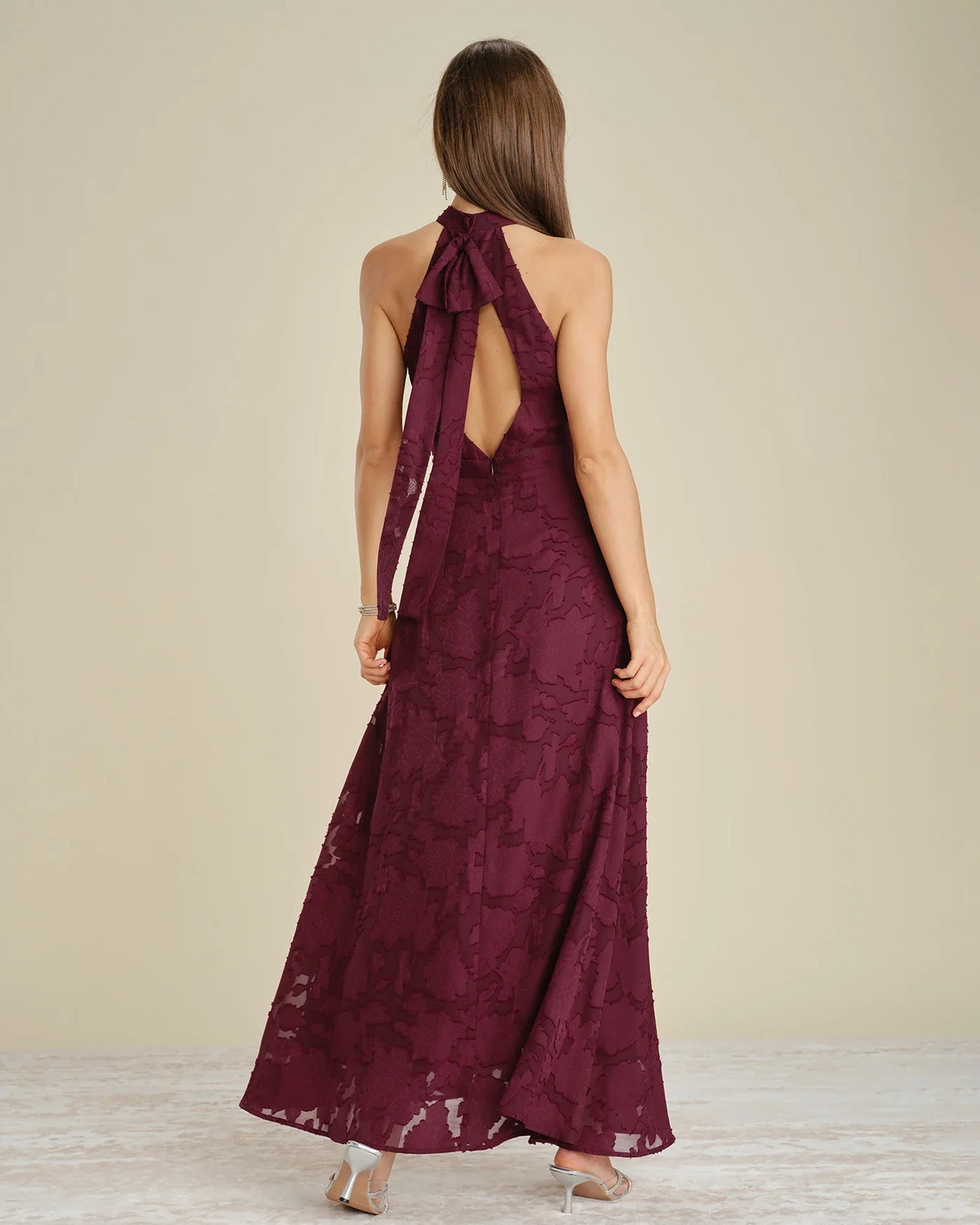 Ximena | Wedding Guest Dress Cocktail Maxi Jacquard Floral Halter Neck Sleeveless Side Slit Formal