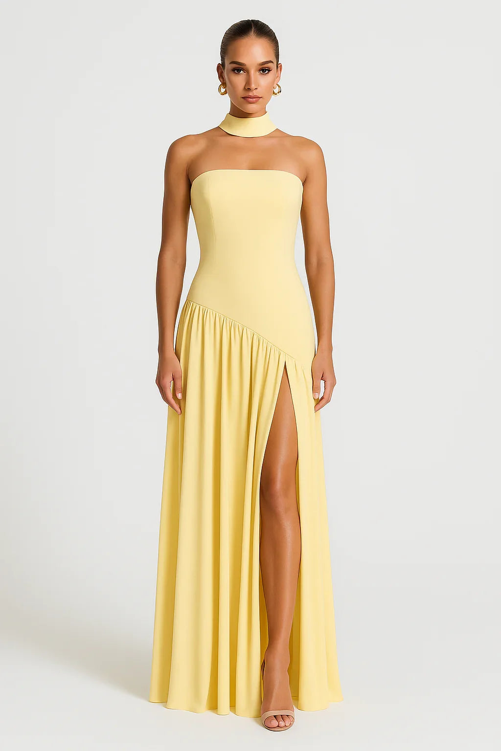 Ella | Wedding Guest Dress Cocktail Maxi Strapless Choker Neck High Slit Column Asymmetrical Formal