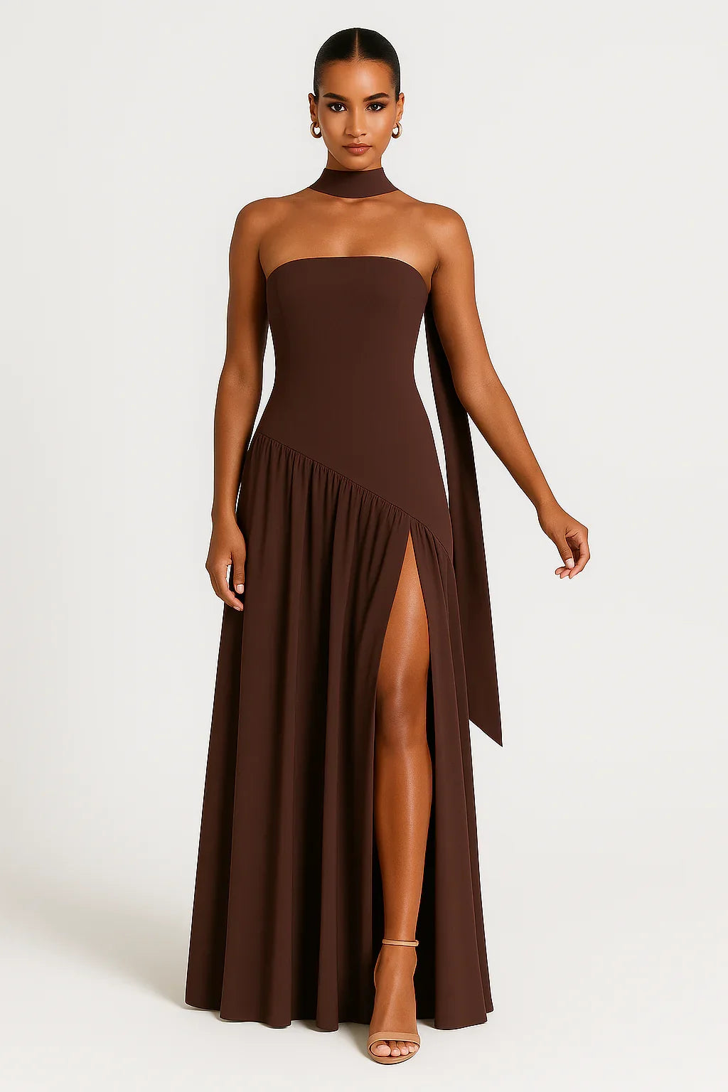 Ella | Wedding Guest Dress Cocktail Maxi Strapless Choker Neck High Slit Column Asymmetrical Formal
