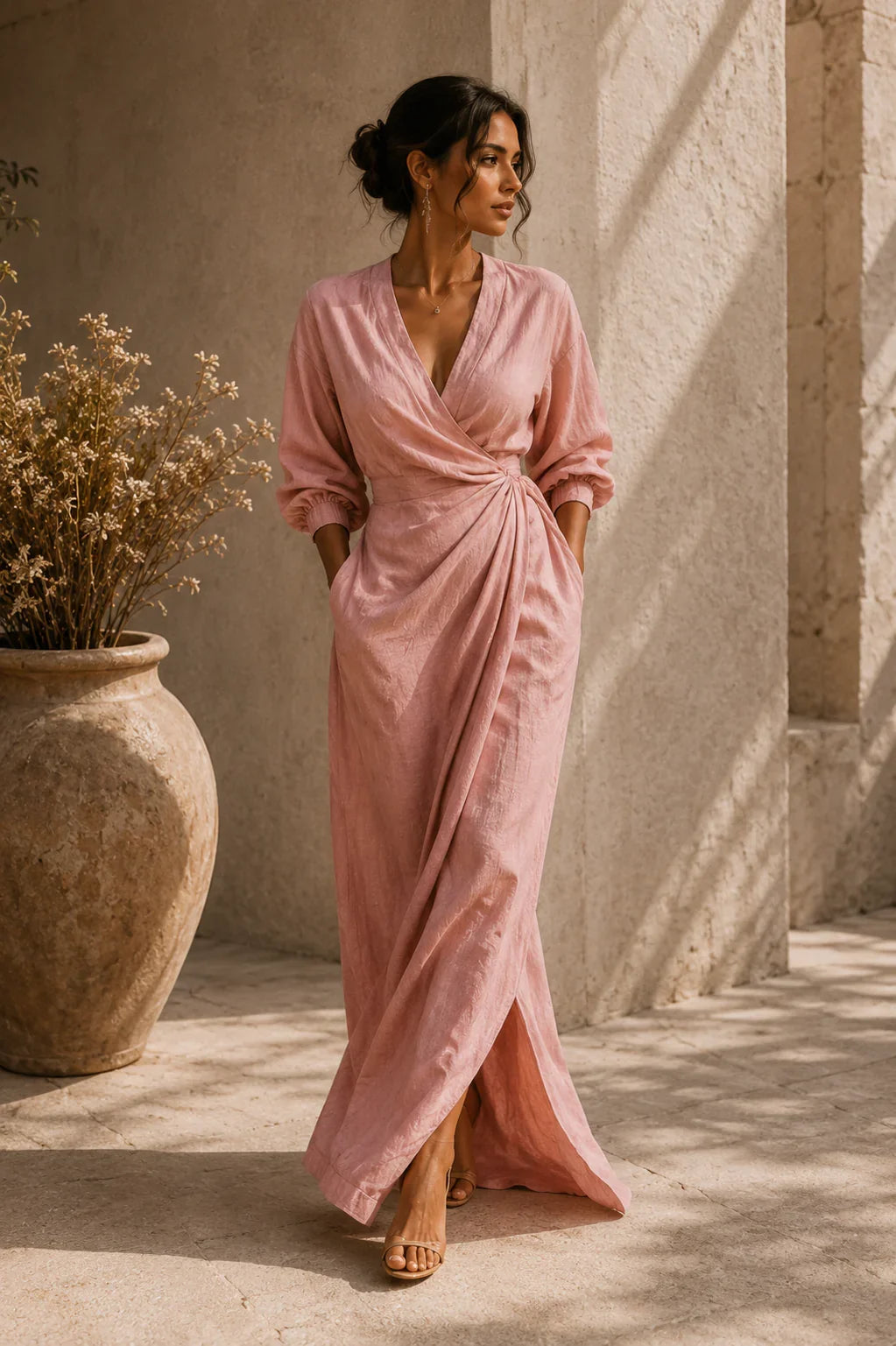 Lorelei | Wedding Guest Dress Cocktail Maxi Wrap V-Neck Long Sleeve Linen Blend Draped Formal