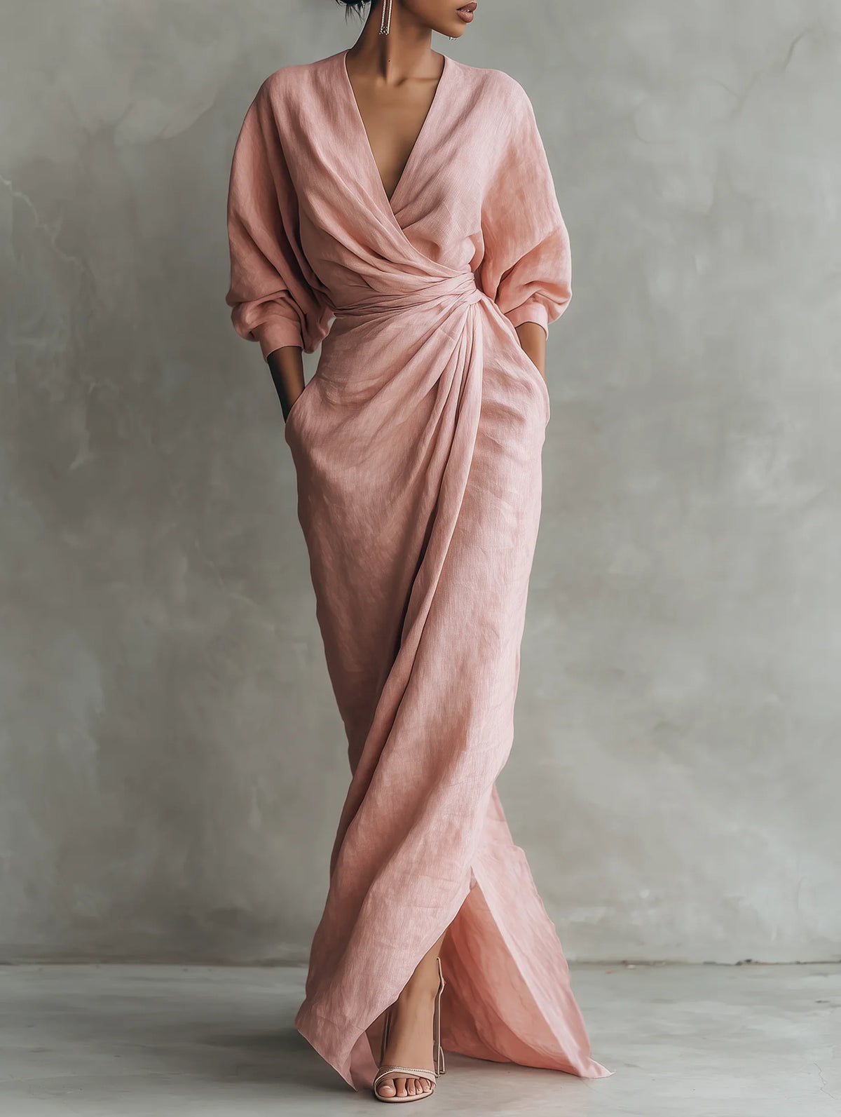 Lorelei | Wedding Guest Dress Cocktail Maxi Wrap V-Neck Long Sleeve Linen Blend Draped Formal