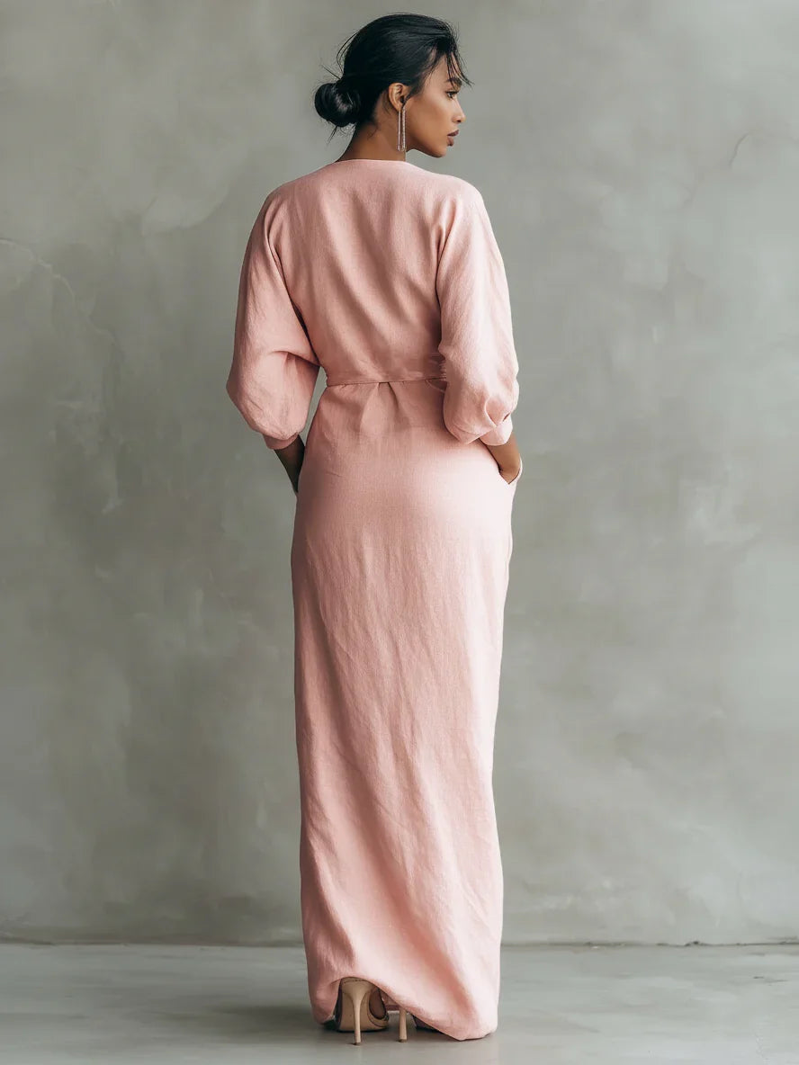 Lorelei | Wedding Guest Dress Cocktail Maxi Wrap V-Neck Long Sleeve Linen Blend Draped Formal