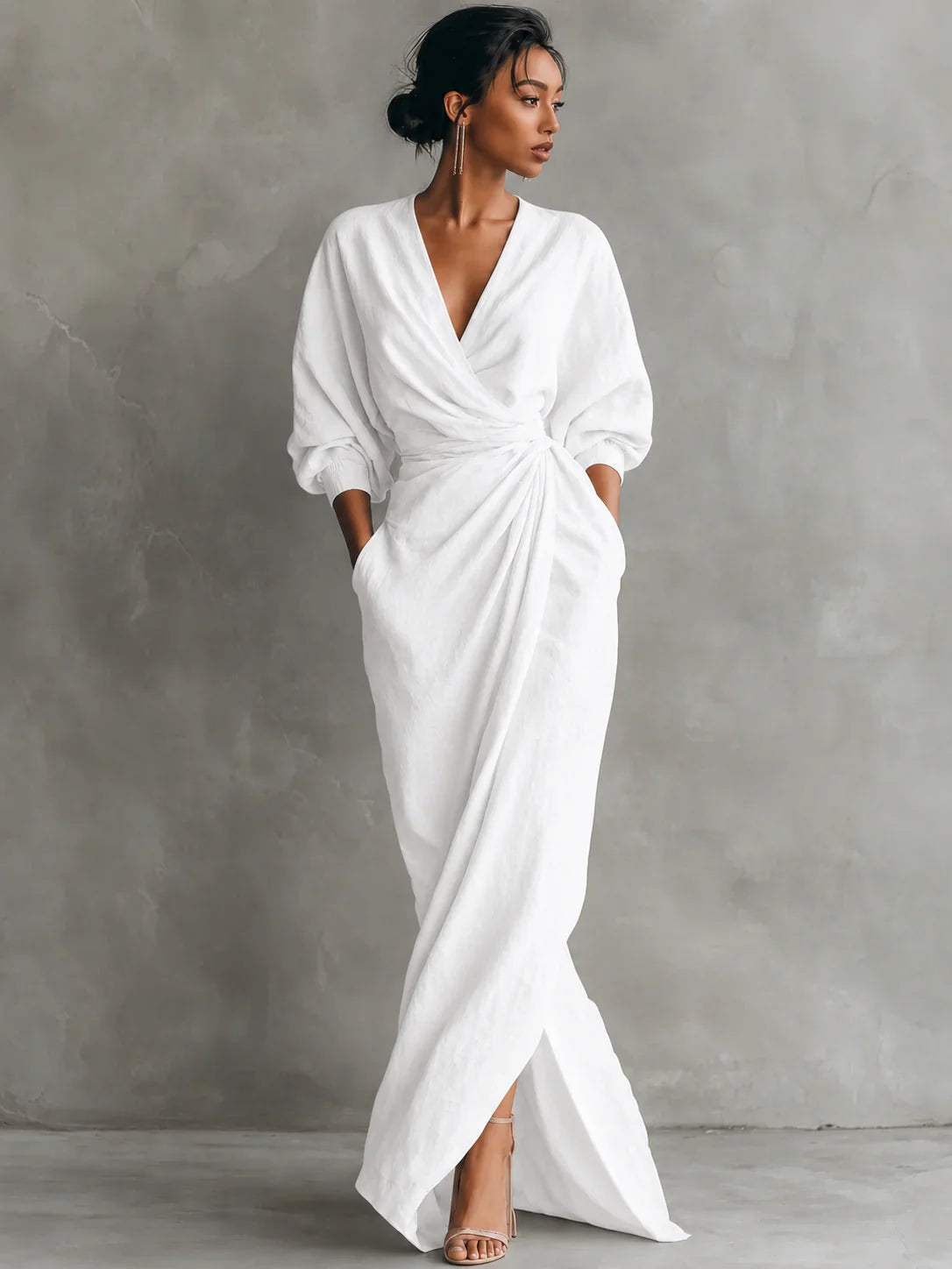 Lorelei | Wedding Guest Dress Cocktail Maxi Wrap V-Neck Long Sleeve Linen Blend Draped Formal