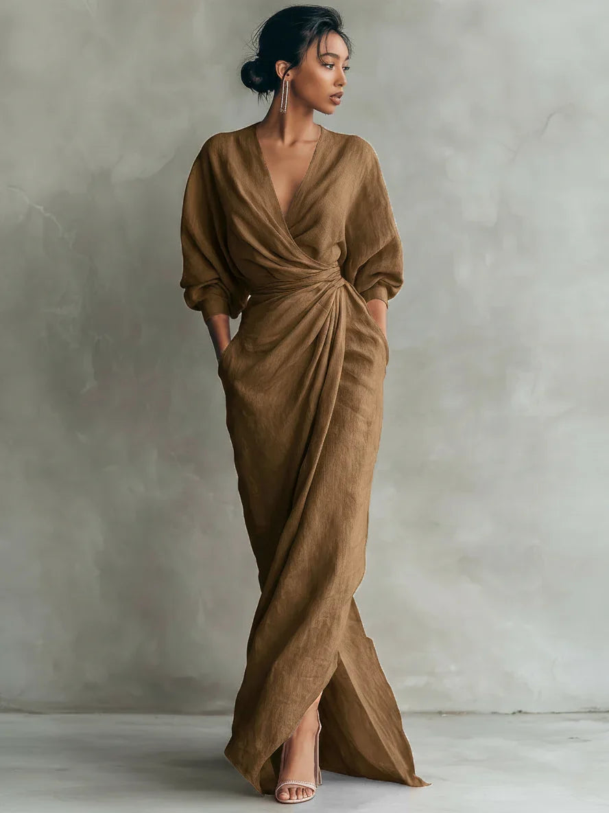 Lorelei | Wedding Guest Dress Cocktail Maxi Wrap V-Neck Long Sleeve Linen Blend Draped Formal