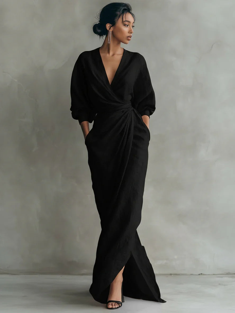 Lorelei | Wedding Guest Dress Cocktail Maxi Wrap V-Neck Long Sleeve Linen Blend Draped Formal