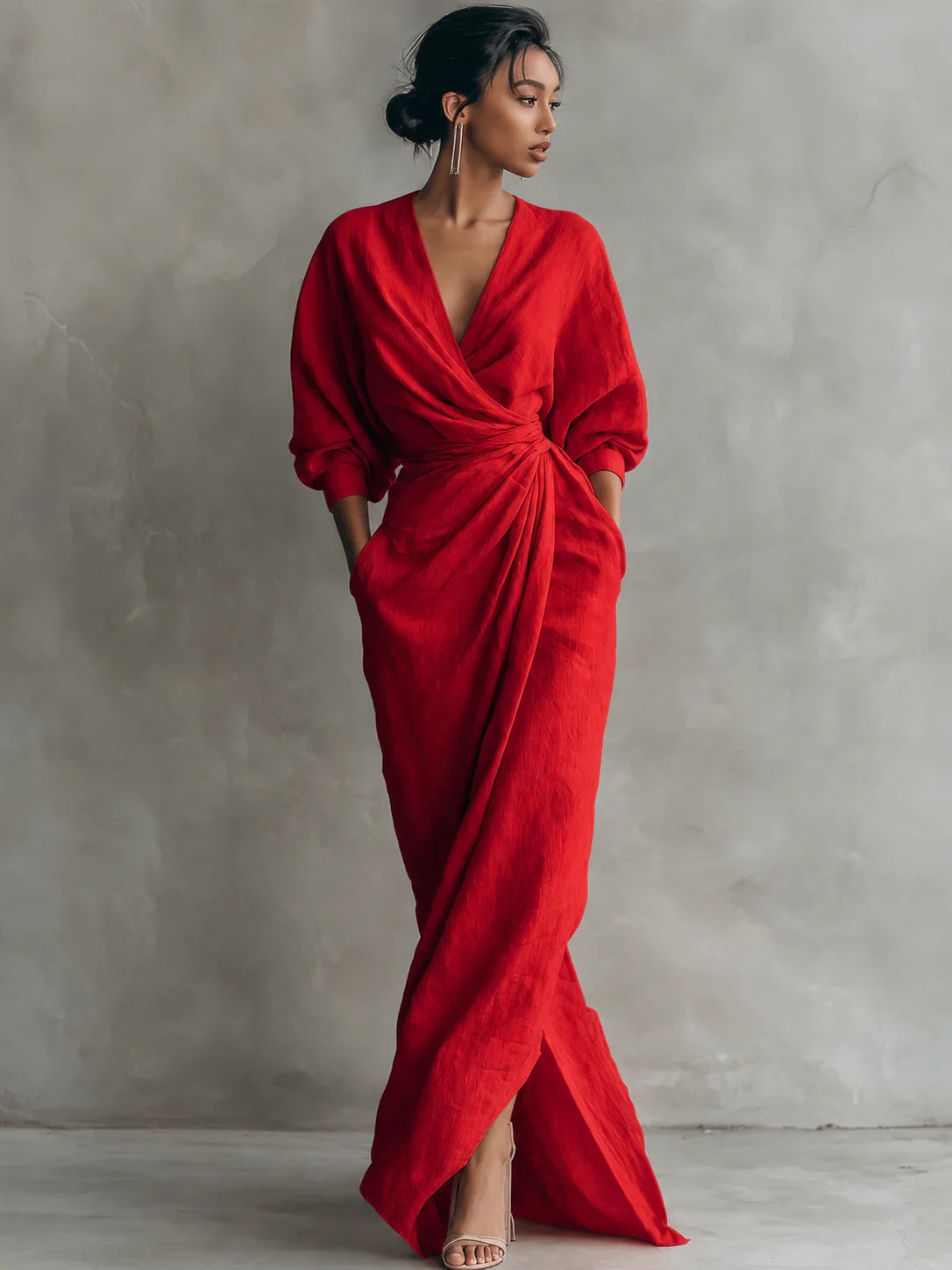 Lorelei | Wedding Guest Dress Cocktail Maxi Wrap V-Neck Long Sleeve Linen Blend Draped Formal