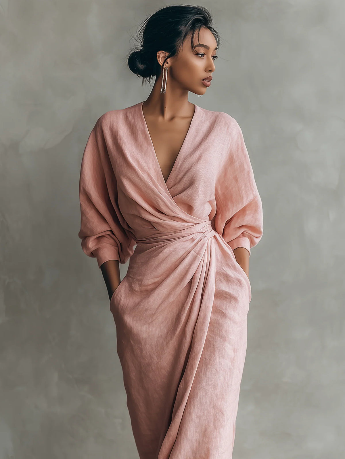Lorelei | Wedding Guest Dress Cocktail Maxi Wrap V-Neck Long Sleeve Linen Blend Draped Formal