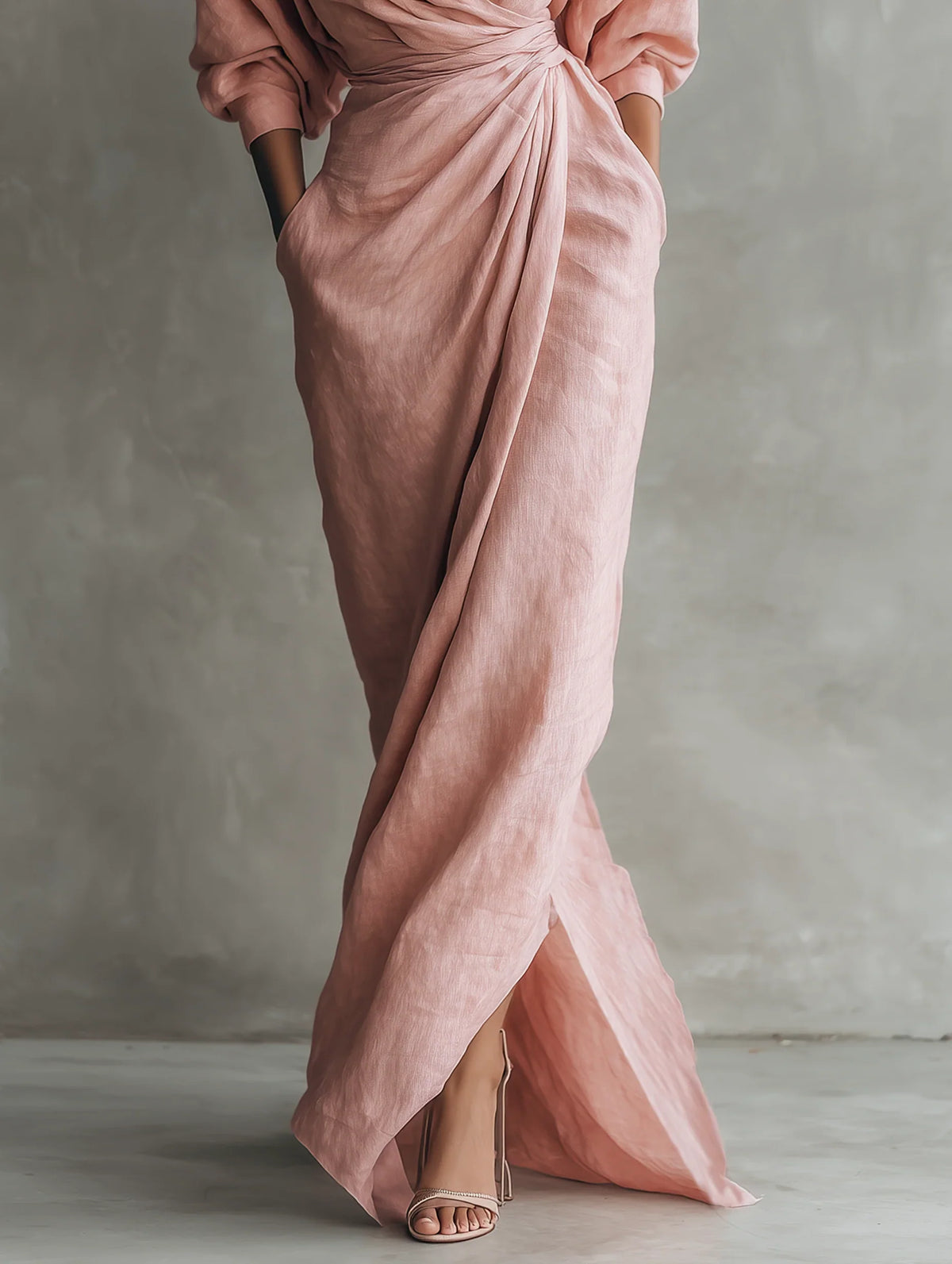 Lorelei | Wedding Guest Dress Cocktail Maxi Wrap V-Neck Long Sleeve Linen Blend Draped Formal