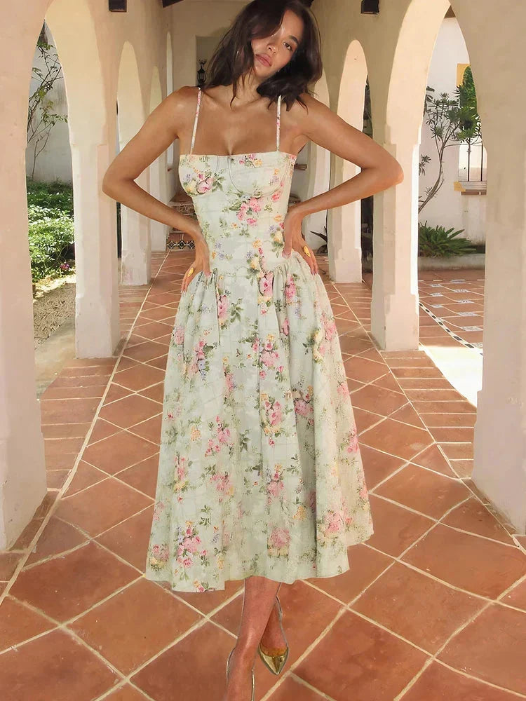 Rosalie | Wedding Guest Dress Cocktail Midi Floral Spaghetti Strap Sweetheart Neck Fitted Full Skirt