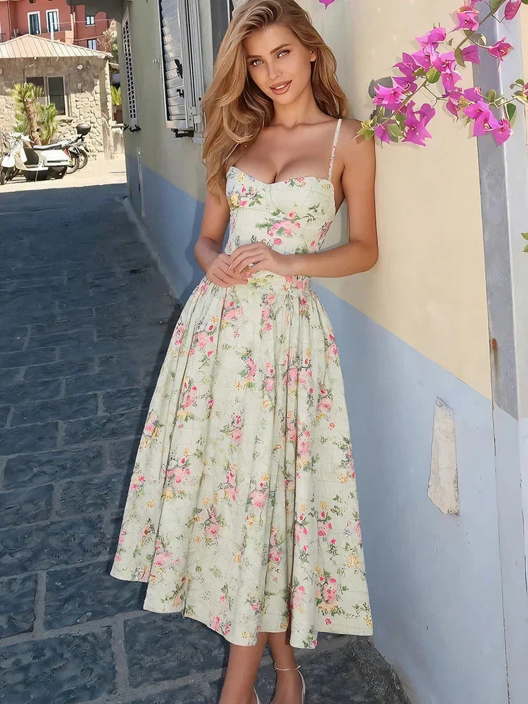 Rosalie | Wedding Guest Dress Cocktail Midi Floral Spaghetti Strap Sweetheart Neck Fitted Full Skirt