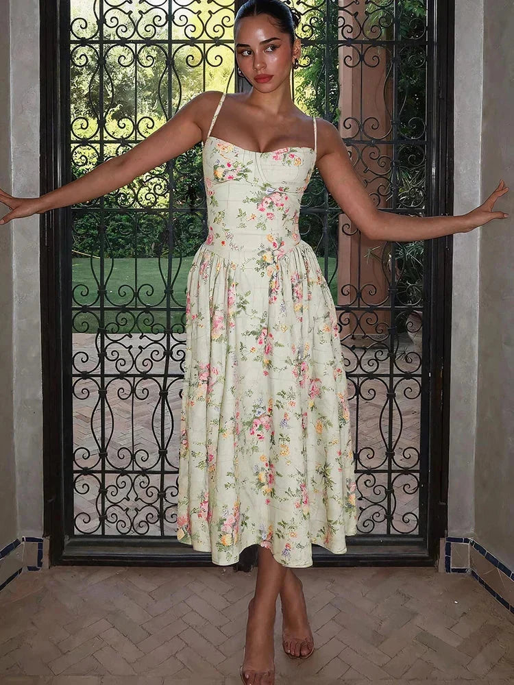 Rosalie | Wedding Guest Dress Cocktail Midi Floral Spaghetti Strap Sweetheart Neck Fitted Full Skirt