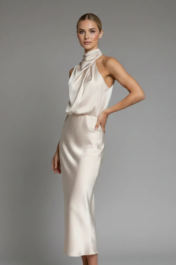 Juliet | Wedding Guest Dress Cocktail Midi Satin High Neck Draped Sleeveless Flared Formal Party
