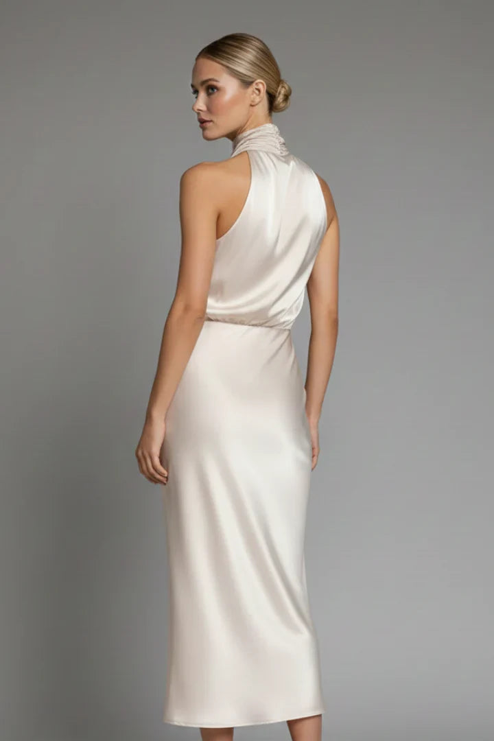 Juliet | Wedding Guest Dress Cocktail Midi Satin High Neck Draped Sleeveless Flared Formal Party