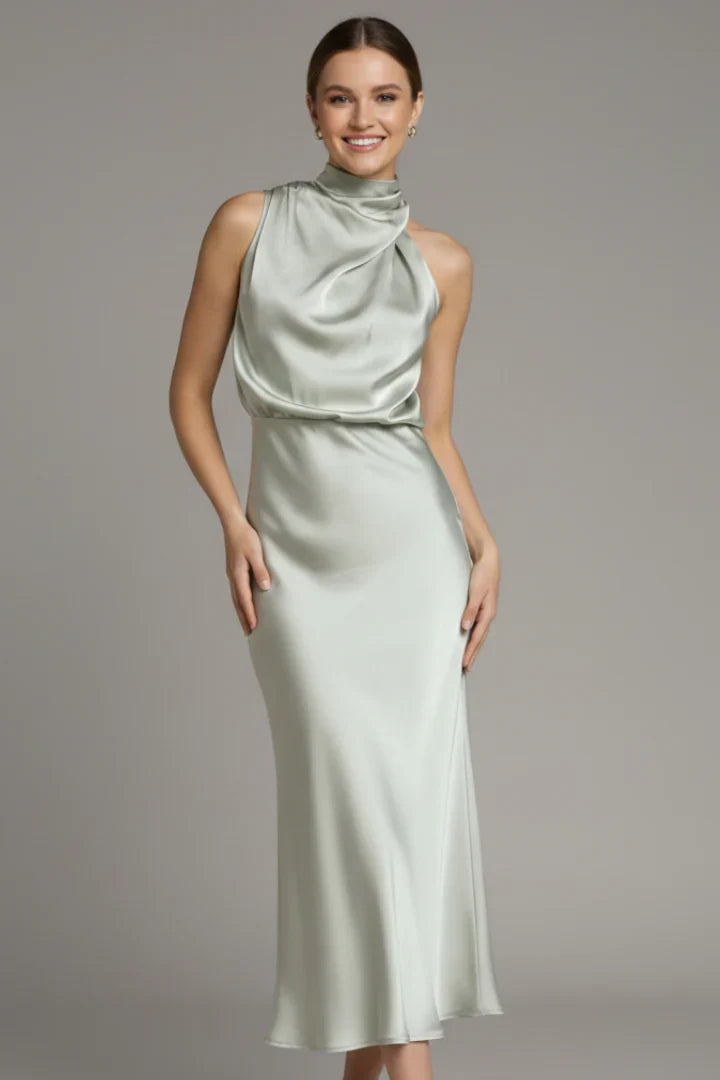 Juliet | Wedding Guest Dress Cocktail Midi Satin High Neck Draped Sleeveless Flared Formal Party