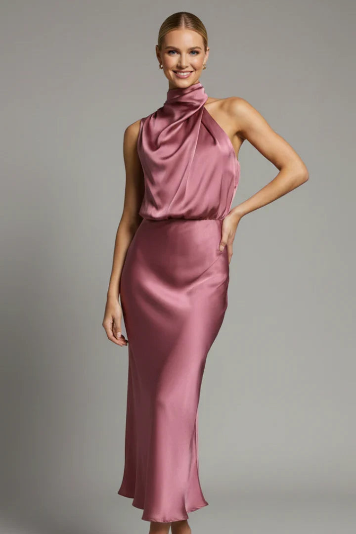Juliet | Wedding Guest Dress Cocktail Midi Satin High Neck Draped Sleeveless Flared Formal Party