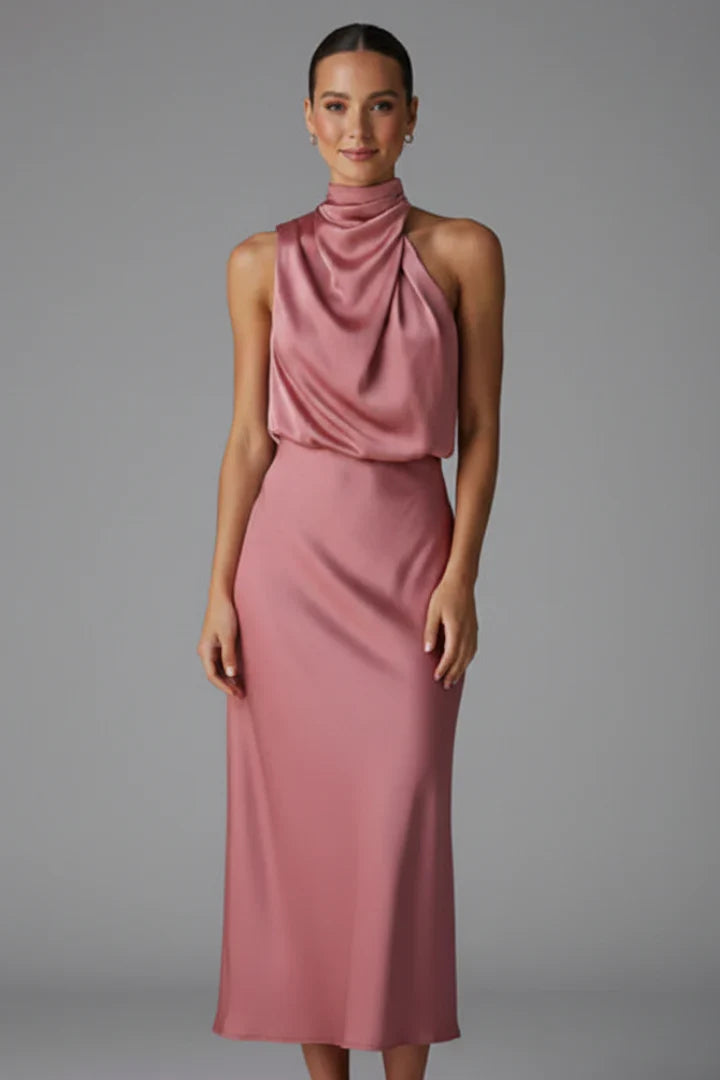 Juliet | Wedding Guest Dress Cocktail Midi Satin High Neck Draped Sleeveless Flared Formal Party