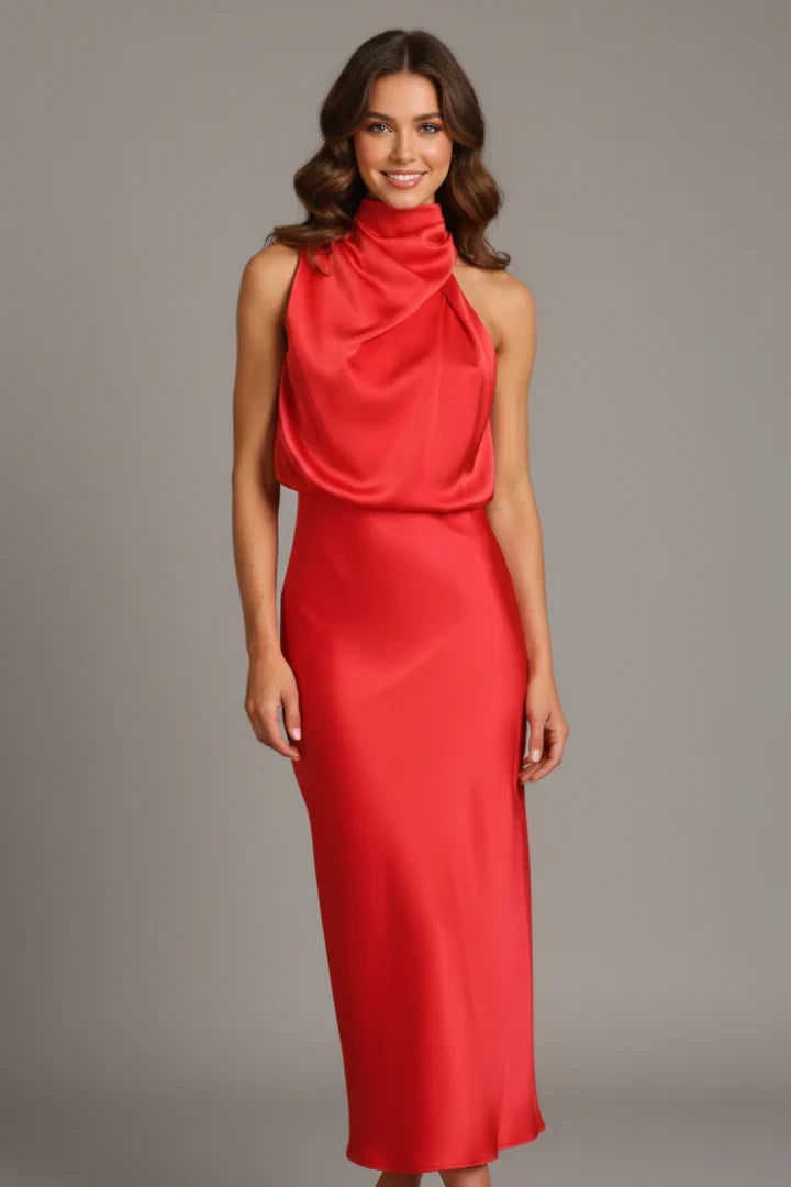 Juliet | Wedding Guest Dress Cocktail Midi Satin High Neck Draped Sleeveless Flared Formal Party