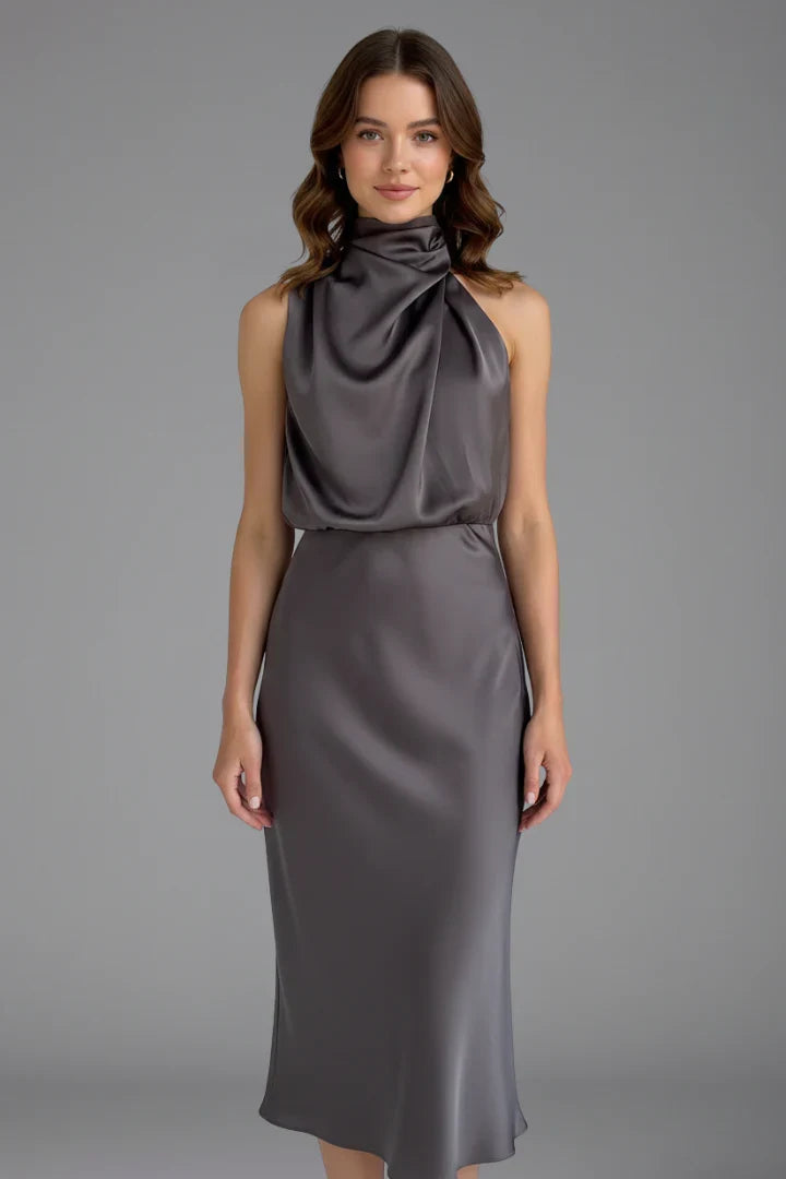 Juliet | Wedding Guest Dress Cocktail Midi Satin High Neck Draped Sleeveless Flared Formal Party