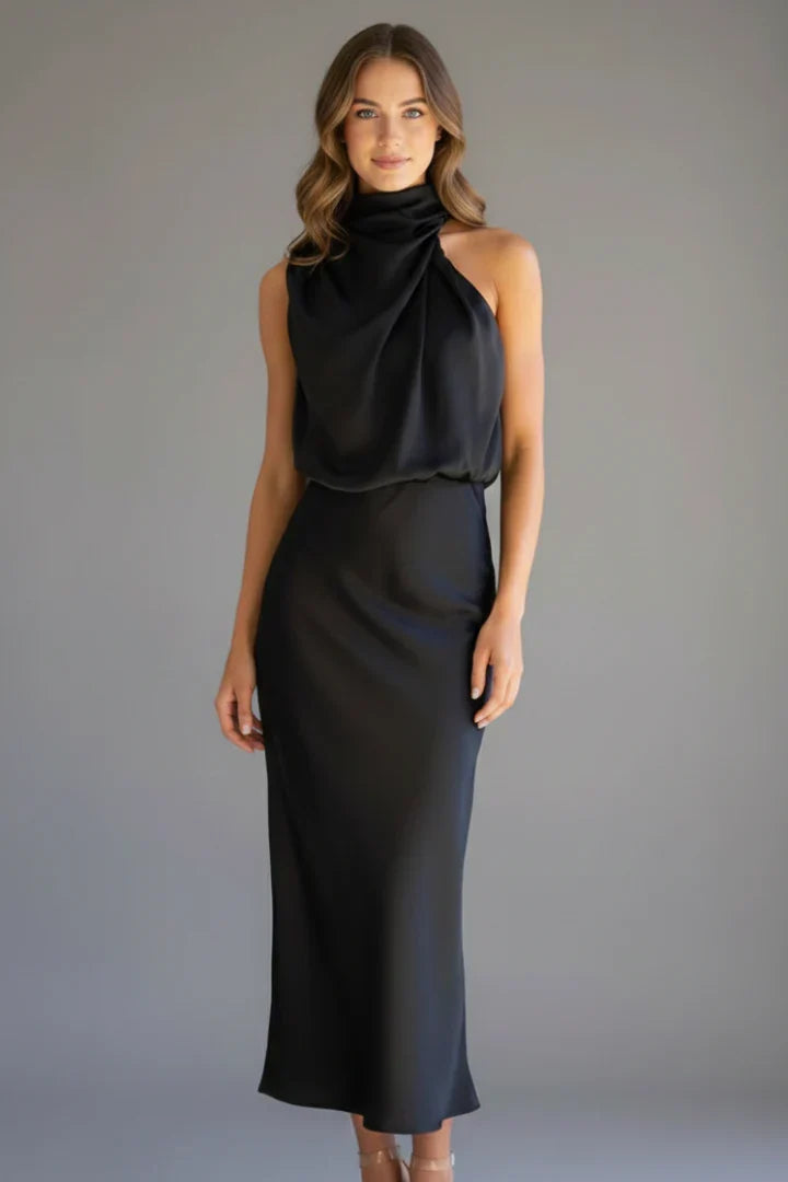 Juliet | Wedding Guest Dress Cocktail Midi Satin High Neck Draped Sleeveless Flared Formal Party