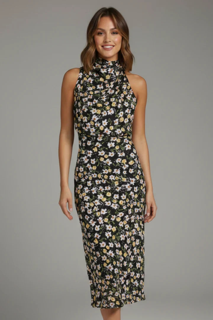 Juliet | Wedding Guest Dress Cocktail Midi Satin High Neck Draped Sleeveless Flared Formal Party