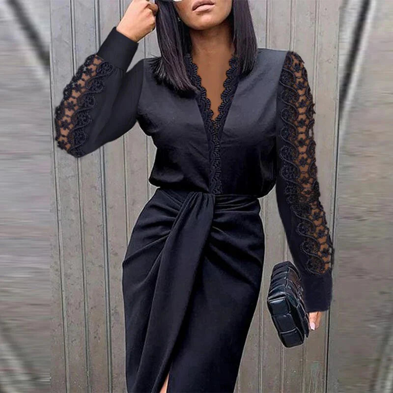 Scarlett | Wedding Guest Dress Cocktail Midi Lace V-Neck Long Sleeve Twist Front Side Slit