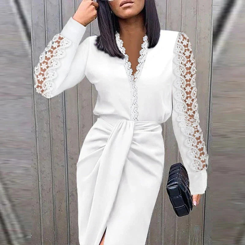 Scarlett | Wedding Guest Dress Cocktail Midi Lace V-Neck Long Sleeve Twist Front Side Slit
