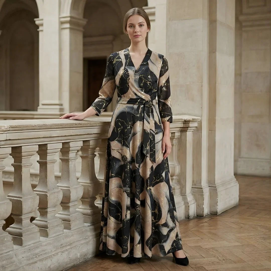 Marlowe | Maxi Dress Wrap Dress Women V-Neck Belted Printed Black Gold Evening Formal