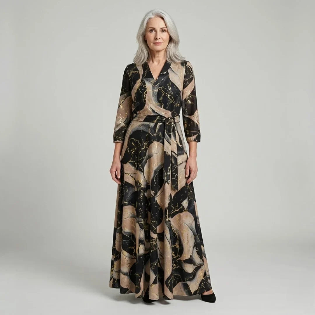 Marlowe | Maxi Dress Wrap Dress Women V-Neck Belted Printed Black Gold Evening Formal