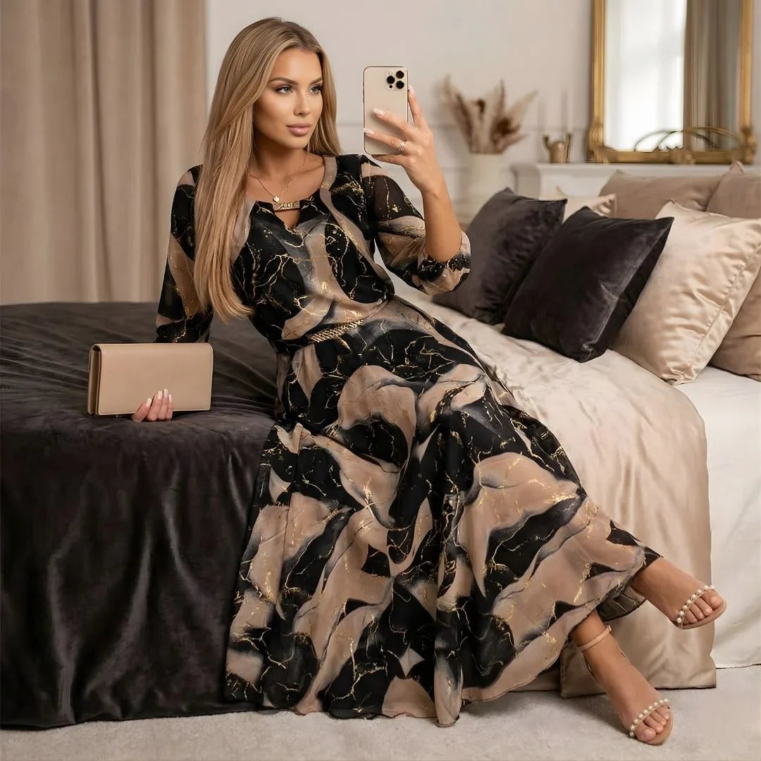 Marlowe | Maxi Dress Wrap Dress Women V-Neck Belted Printed Black Gold Evening Formal