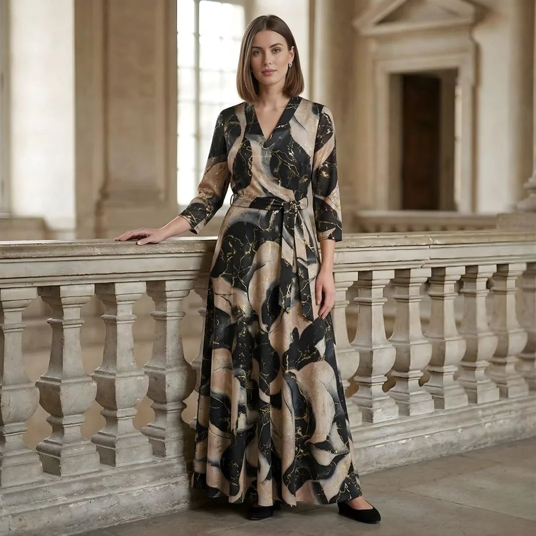 Marlowe | Maxi Dress Wrap Dress Women V-Neck Belted Printed Black Gold Evening Formal