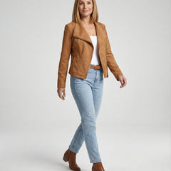 Isabella women's tailored faux suede biker jacket with asymmetric zip detail, by Christine Brewer, shown on a model.