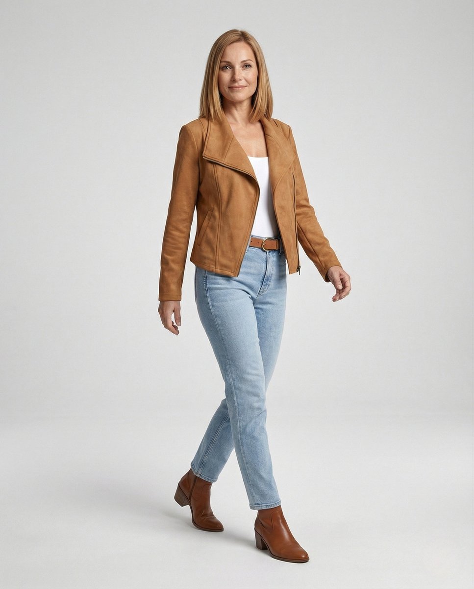 Isabella women's tailored faux suede biker jacket with asymmetric zip detail, by Christine Brewer, shown on a model.