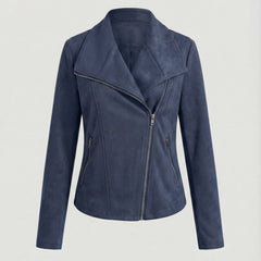Isabella women's faux suede biker jacket with asymmetric zip and tailored fit, crafted by Christine Brewer.