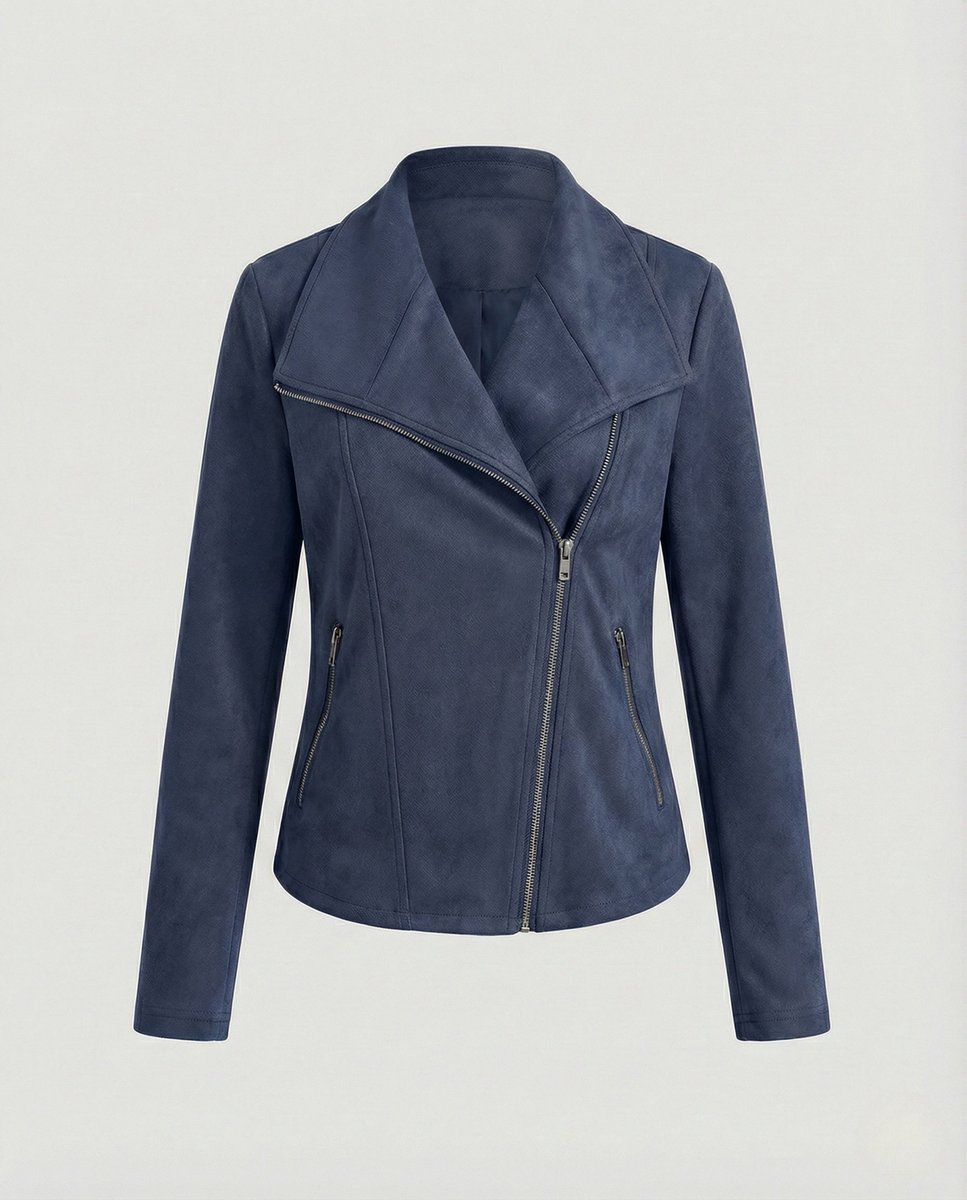 Isabella women's faux suede biker jacket with asymmetric zip and tailored fit, crafted by Christine Brewer.