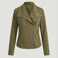 Isabella women's faux suede biker jacket with asymmetric zip and tailored fit, designed by Christine Brewer.