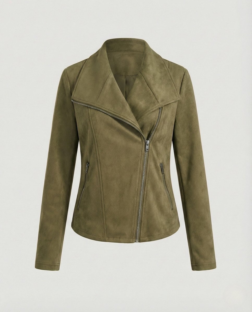 Isabella women's faux suede biker jacket with asymmetric zip and tailored fit, designed by Christine Brewer.